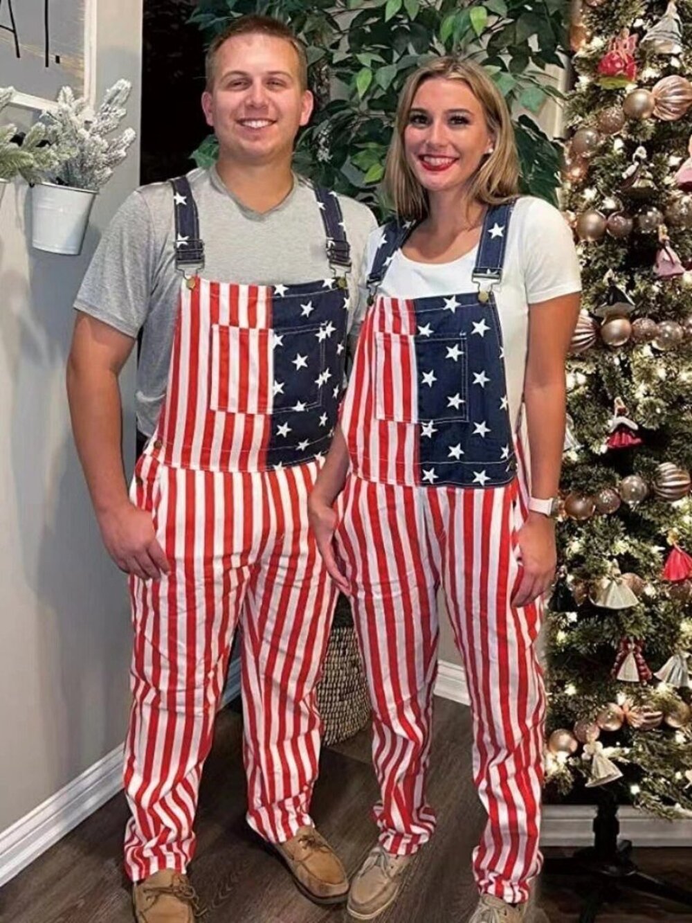 Men's & Women's Overalls USA America Flag Print Bib Jumpsuit Romper Long Pants